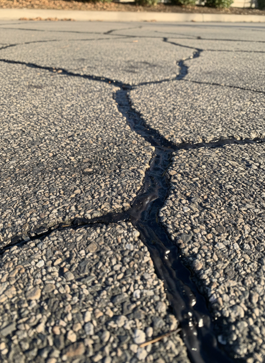 A dramatic low-angle photographic scene of hot crack fill being showcased on a section of older asphalt, now neatly repaired. The repaired cracks form clean, dark, slightly glossy lines that weave across the pavement, seamlessly blended into the existing surface. The surrounding asphalt shows its natural, weathered texture, emphasizing the improvement. Late afternoon sunlight casts raking light across the ground, accentuating surface variations and the smoothness of the filled areas. The background recedes into soft blur, with only the hinted base of a curb and some landscaping. The composition places the repaired cracks along a diagonal, conveying movement, precision, and durability.
