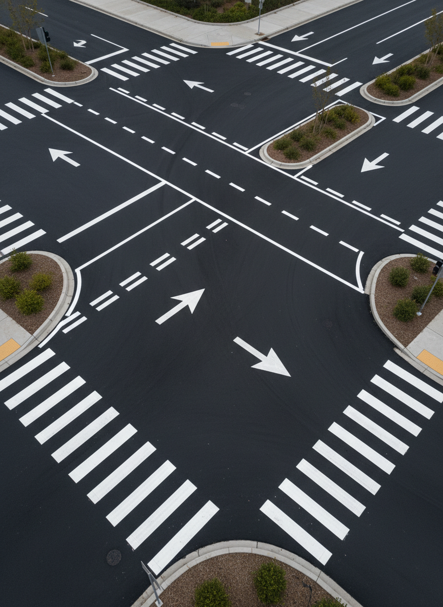 A detailed overhead photographic view of intricate thermoplastic striping at a busy intersection, with brilliantly reflective white crosswalk bars, directional arrows, and lane dividers standing out against deep black asphalt. The thermoplastic lines are slightly raised with clean, beveled edges, catching the light and creating subtle highlights along their ridges. Overcast daylight provides even, diffused illumination, minimizing harsh shadows and emphasizing the clarity of every marking. Surrounding the intersection are blurred hints of curbs, medians, and landscaped corners, kept soft to maintain focus on the precision of the striping. The composition is clean and technical, evoking reliability, safety, and professional craftsmanship.