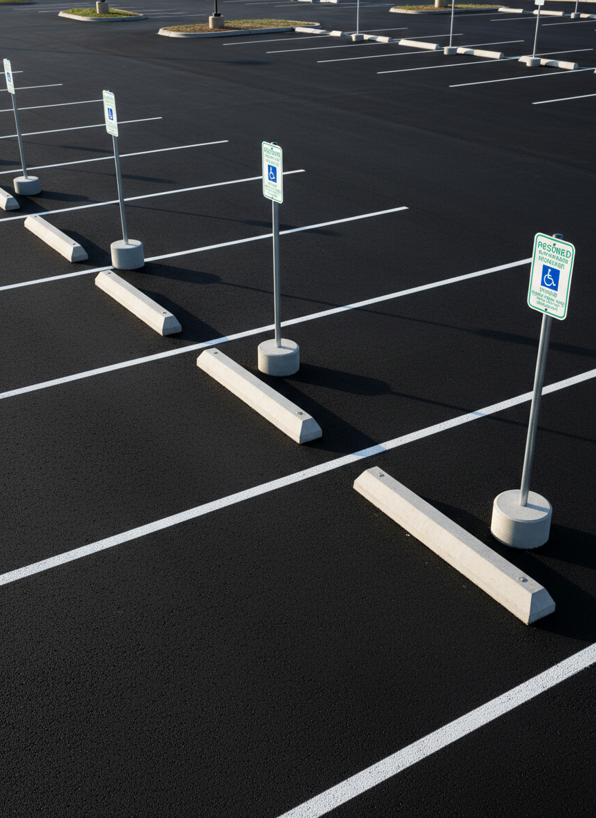 A crisp photographic image of a newly striped commercial parking lot featuring custom signage and bumper blocks. In the foreground, bright white concrete bumper blocks sit evenly spaced at the head of each stall, their clean surfaces contrasting with the rich black seal-coated asphalt. Tall, reflective metal signposts rise from small concrete bases at selected spaces, holding clear parking and accessibility signs, though the text is not legible. Early morning sunlight casts long, parallel shadows from the posts and blocks, reinforcing the sense of order. The camera captures the scene from a slightly elevated, three-quarter angle, emphasizing alignment, symmetry, and high-quality finish.