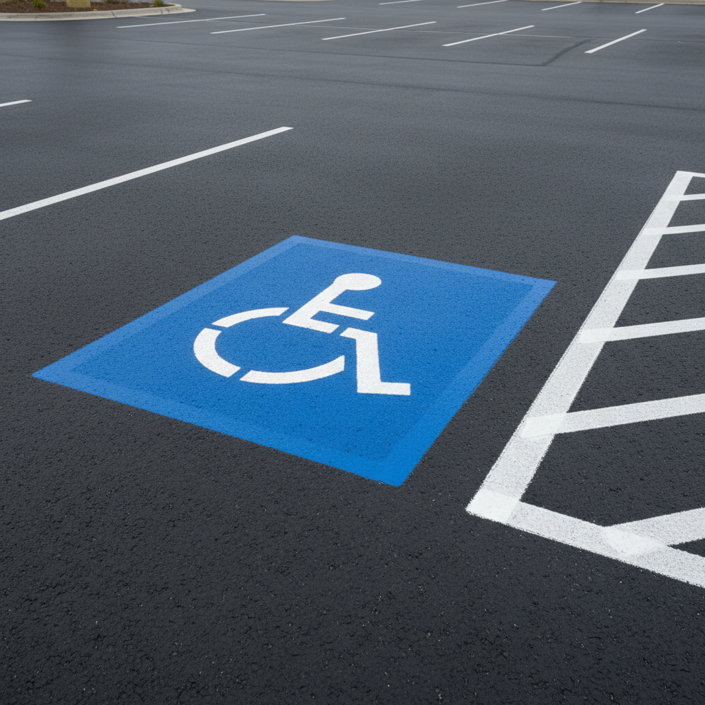 A close-up, eye-level view of freshly applied ADA-compliant parking space markings on dark, newly seal-coated asphalt. The vivid blue background rectangle is flawlessly painted, with a sharply defined, bright white wheelchair symbol centered within, and adjacent crisp white hash lines designating the access aisle. The asphalt texture is smooth yet visibly fine-grained, with a subtle reflective quality. Soft, diffused daylight illuminates the scene, creating minimal shadows but clear contrast between paint and pavement. The photographic image has sharp focus on the markings while the surrounding lot gently blurs, conveying a professional, precise, and compliant atmosphere suitable for a high-standards commercial property website.