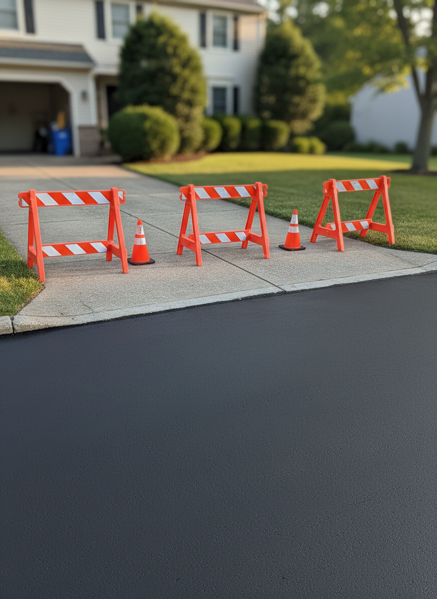 A medium-wide photographic shot of a residential driveway halfway through asphalt seal coating, showing a clear contrast between the older, faded gray surface and the newly applied rich black sealant. The freshly coated section appears smooth and uniform with a matte-to-satin finish, bordered by clean, straight edges where the work is in progress. A neat line of orange barricades and warning cones, built to city specs, stands across the driveway entry, with reflective tape catching soft afternoon light. The surrounding lawn, shrubs, and house façade remain slightly out of focus. The mood is orderly and professional, highlighting transformation and attention to detail.